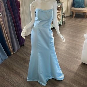 Satin Ice blue strapless, mermaid style, floor length Kanali K gown in size 8